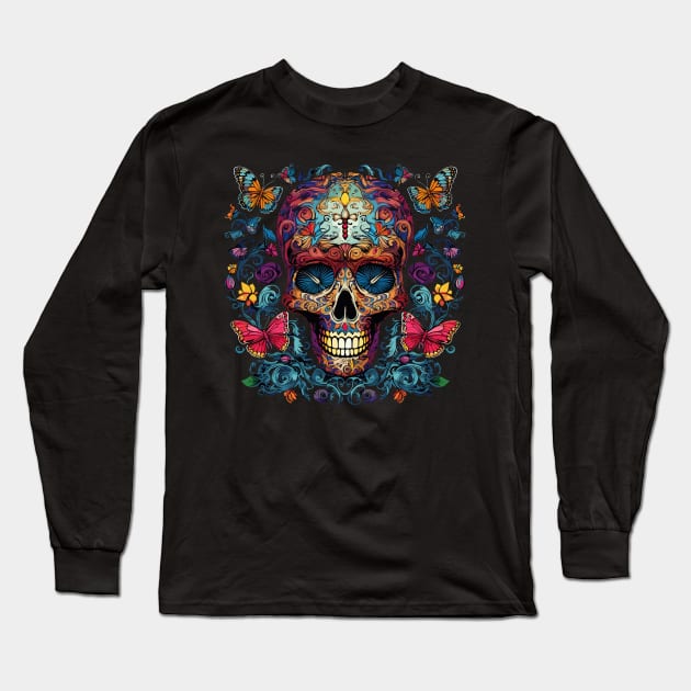 Hippie Skull Butterfly Garden Long Sleeve T-Shirt by MushMagicWear